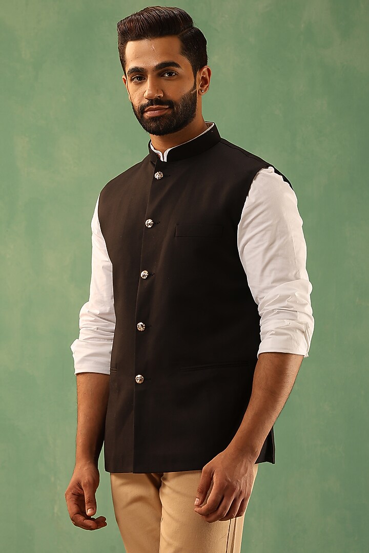 Black Wool Blend Bundi Jacket by Dusala Men at Pernia's Pop Up Shop