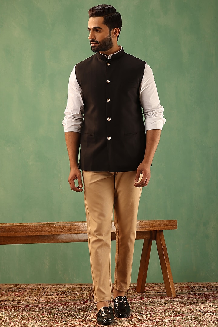 Black Wool Blend Bundi Jacket by Dusala Men at Pernia's Pop Up Shop