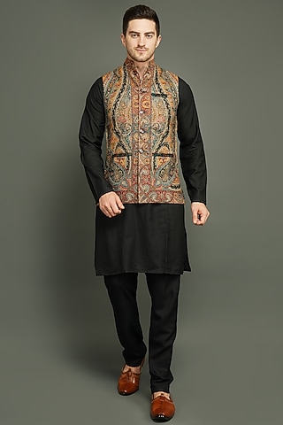 Multi-Colored Fine Wool Silk Bundi Jacket  by Dusala Men