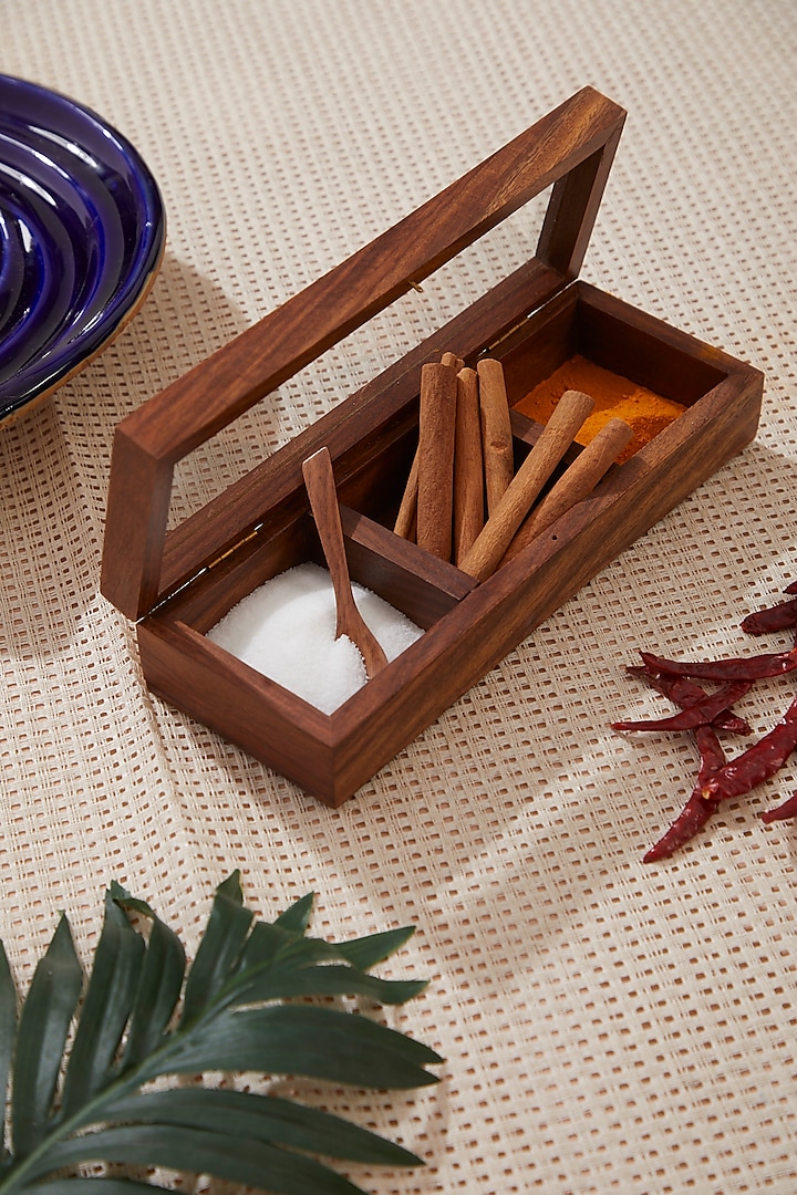 Brown Three Partitioned Spice Box With Spoon by Dune Homes
