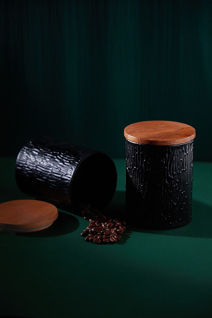 Solid Black Canisters With Wooden Lid (Set of 2) by Dune Homes