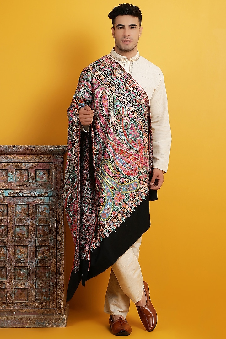 Multi-Colored Shawl With Abidari Work by Dusala Men