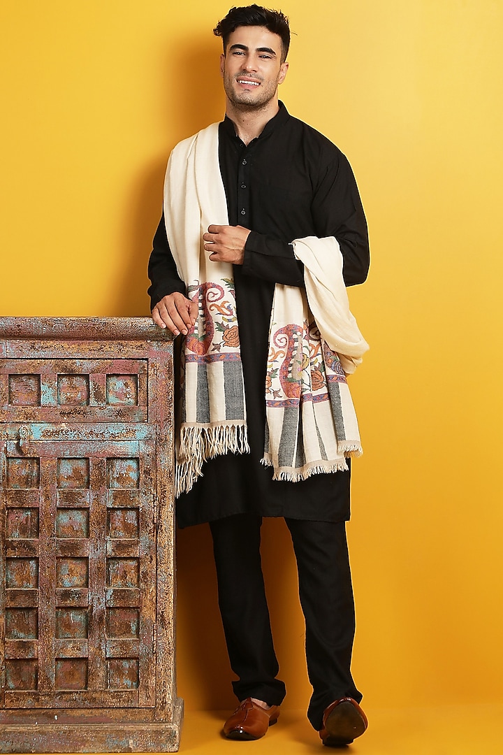 Light Beige Embroidered Handwoven Shawl by Dusala Men