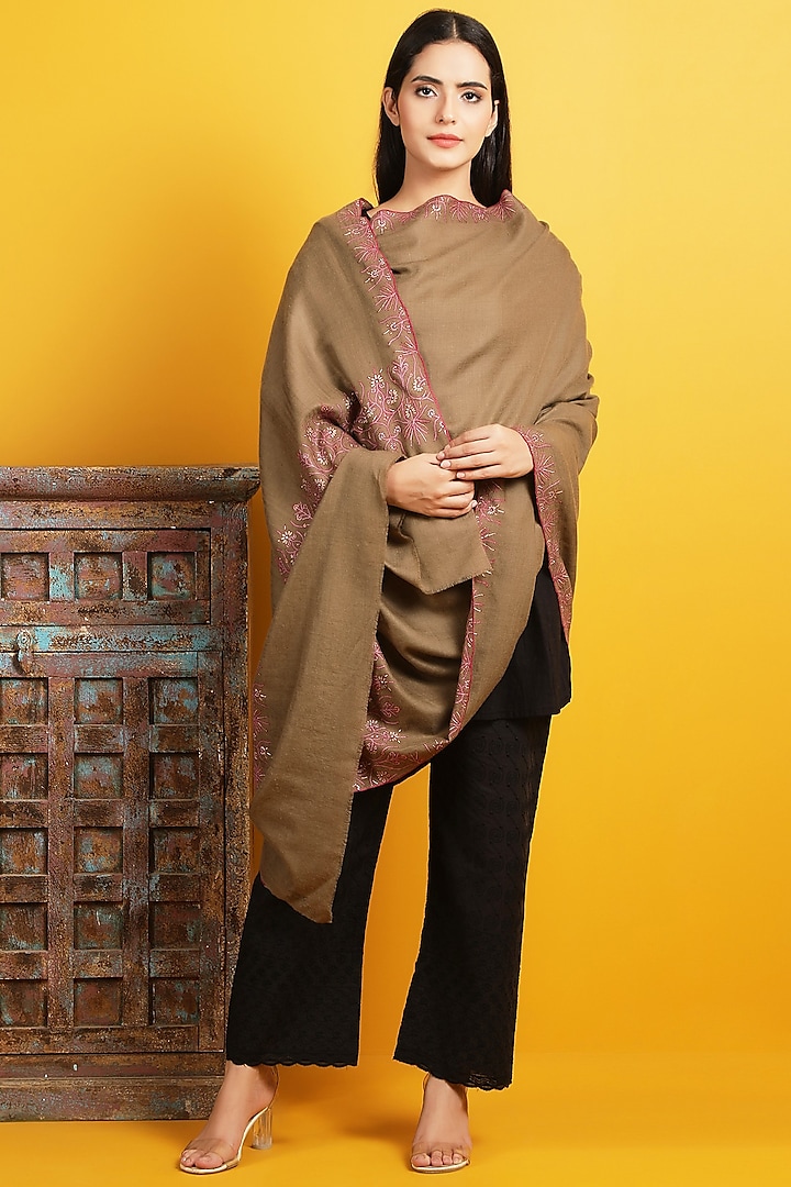 Brown Embroidered Handwoven Shawl by Dusala