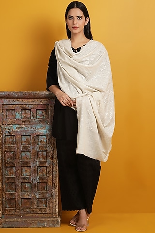 White Embroidered Handwoven Shawl by DUSALA  ACCESSORIES