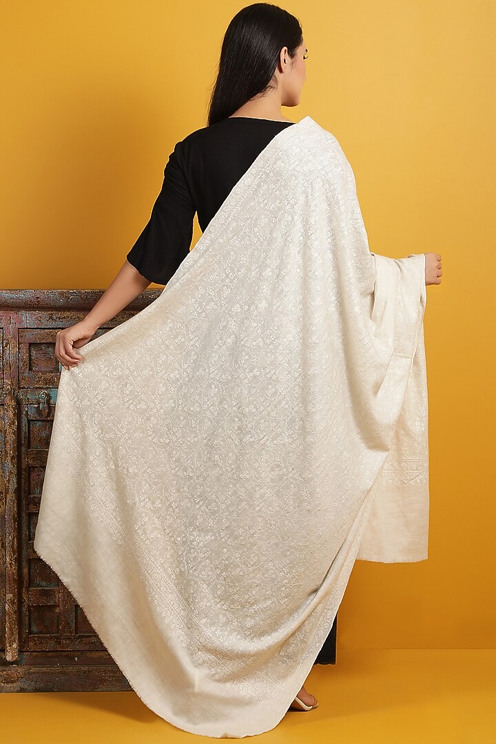 White Embroidered Handwoven Shawl by DUSALA ACCESSORIES at Pernia's Pop Up Shop