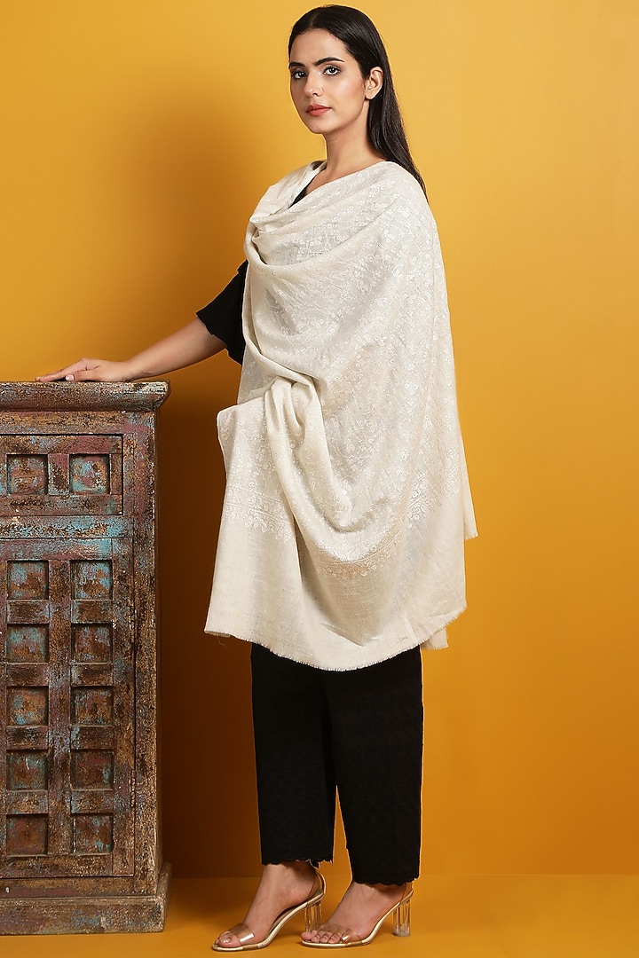 White Embroidered Handwoven Shawl by DUSALA ACCESSORIES at Pernia's Pop Up Shop