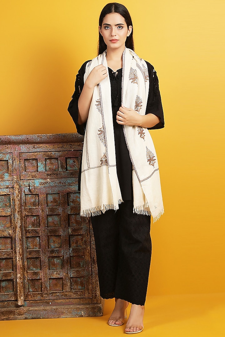 White Hand Embroidered Shawl by Dusala