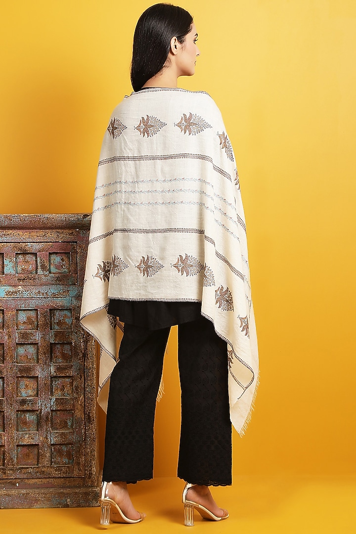 White Hand Embroidered Shawl by DUSALA  ACCESSORIES at Pernia's Pop Up Shop