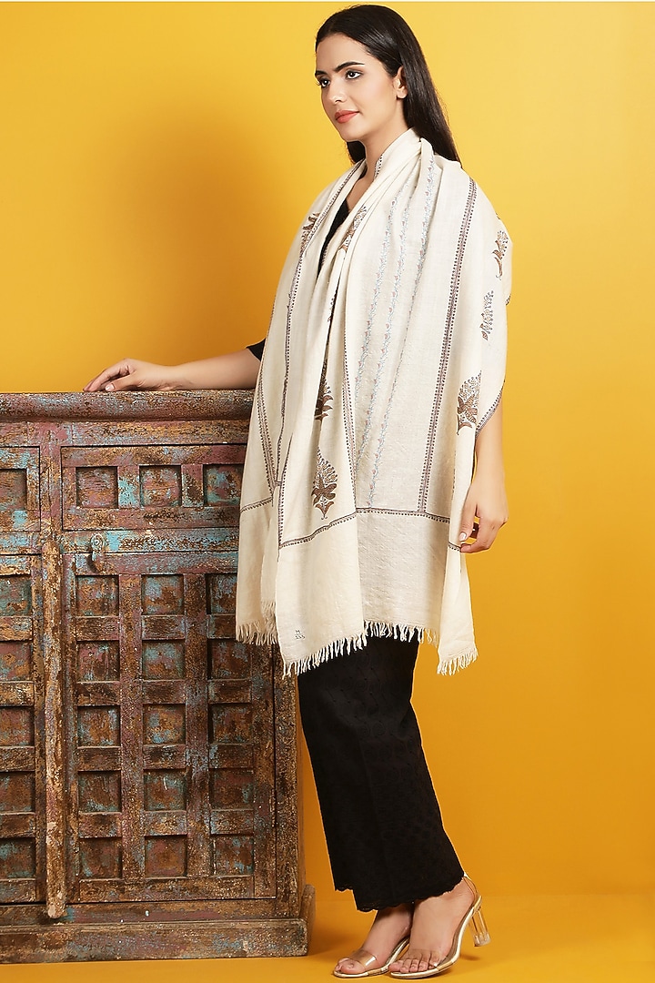 White Hand Embroidered Shawl by DUSALA  ACCESSORIES at Pernia's Pop Up Shop
