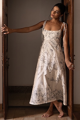 Ivory Cotton Linen Printed Maxi Dress by DVAI