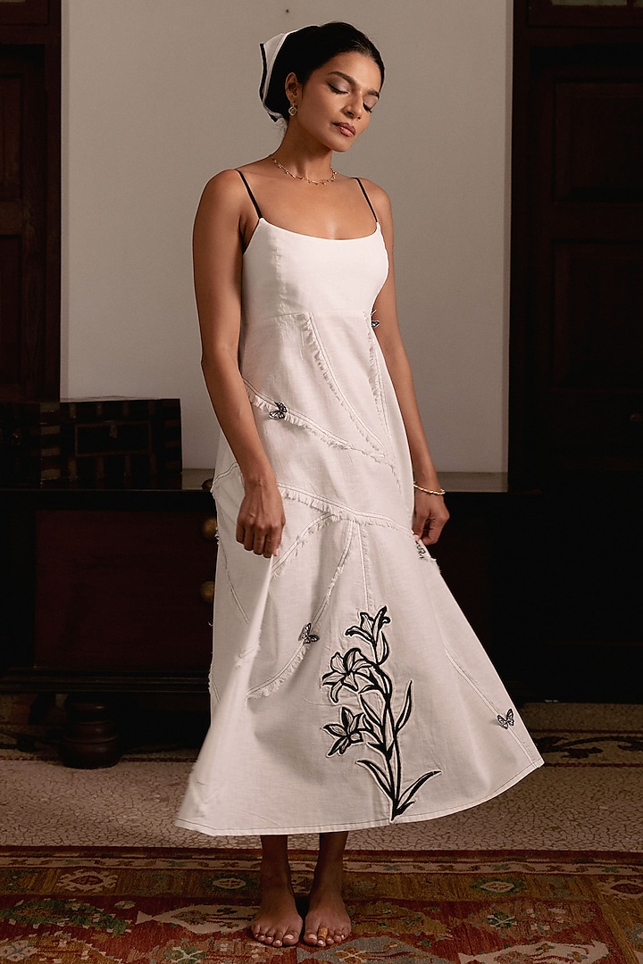 White Cotton Linen Hand Embroidered Maxi Summer Dress by DVAI at Pernia's Pop Up Shop