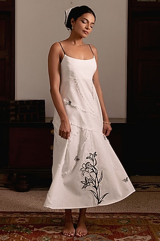 White Cotton Linen Hand Embroidered Maxi Dress by DVAI