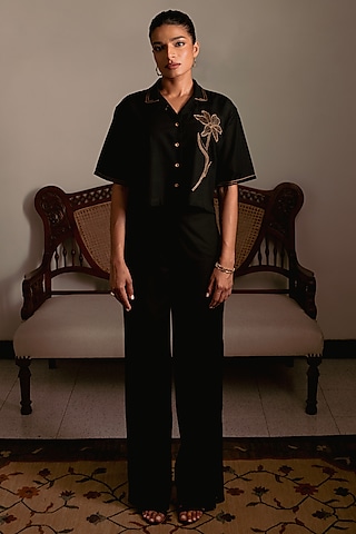 Black Cotton Linen Hand Embroidered Cropped Shirt by DVAI