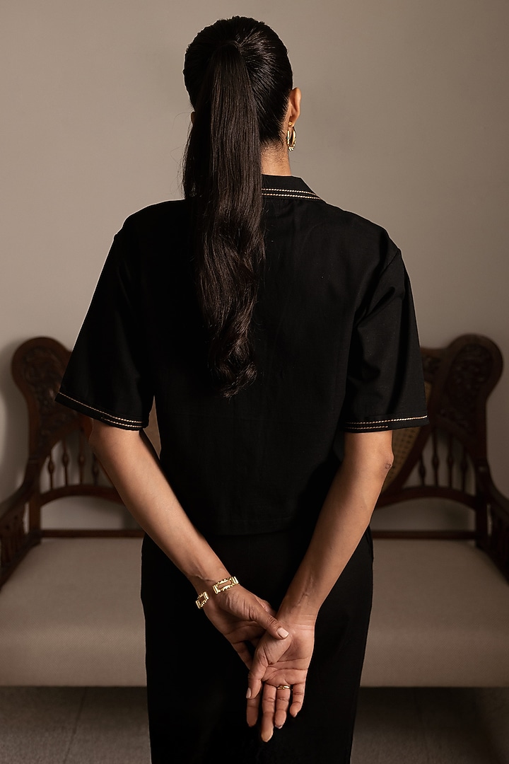 Black Cotton Linen Hand Embroidered Cropped Shirt by DVAI at Pernia's Pop Up Shop