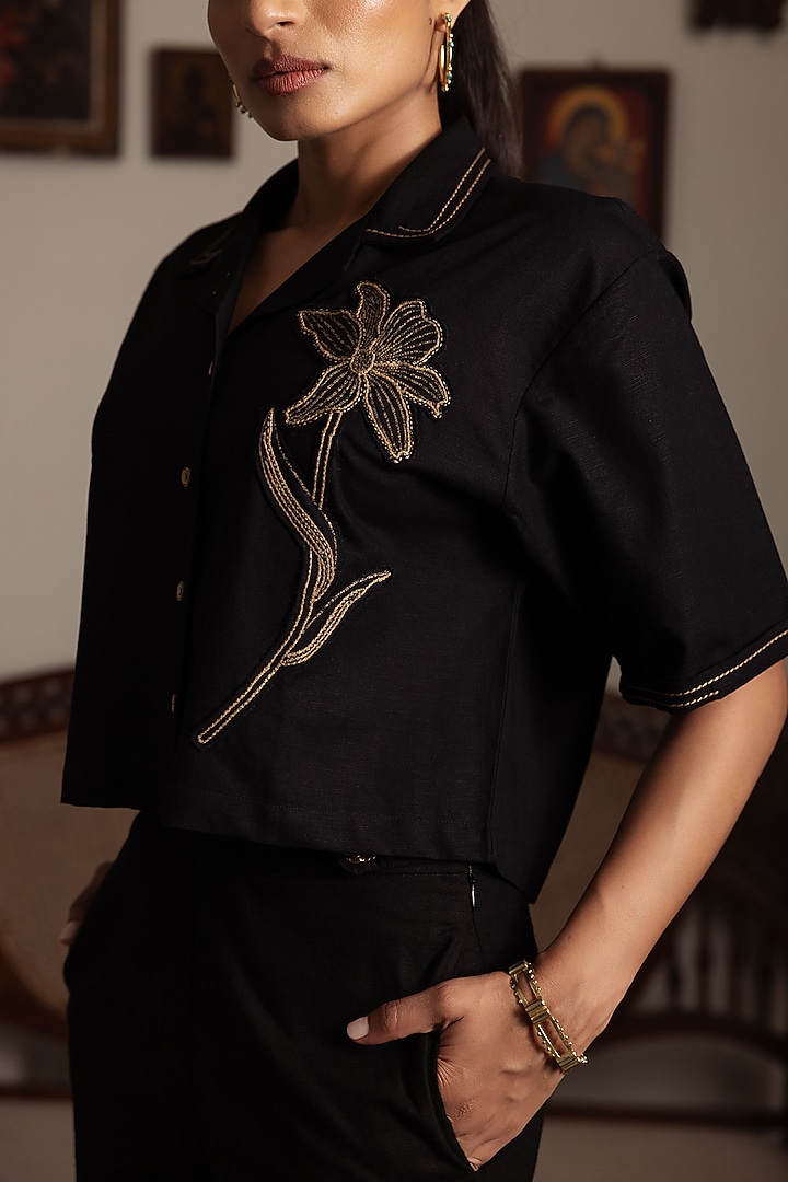 Black Cotton Linen Hand Embroidered Cropped Shirt by DVAI at Pernia's Pop Up Shop
