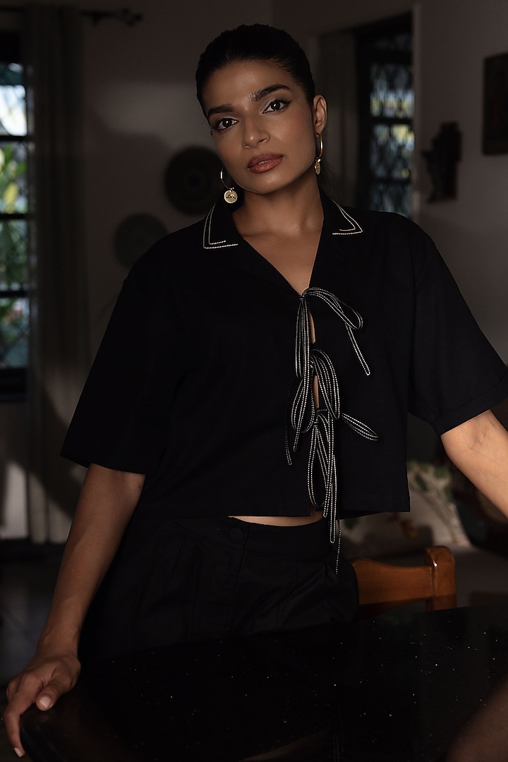 Black Cotton Linen Oversized Cropped Shirt by DVAI at Pernia's Pop Up Shop