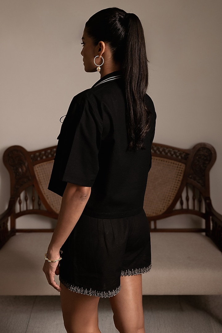 Black Cotton Linen Oversized Cropped Shirt by DVAI at Pernia's Pop Up Shop