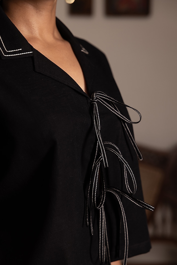Black Cotton Linen Oversized Cropped Shirt by DVAI at Pernia's Pop Up Shop