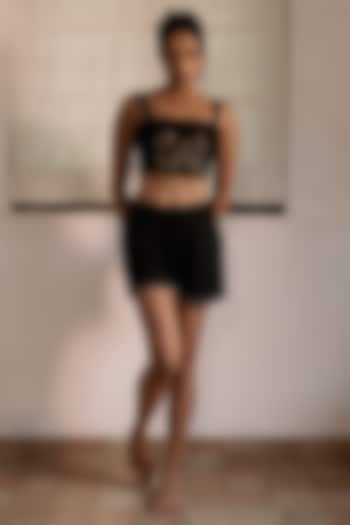 Black Cotton Linen Hand Embroidered Cropped Top by DVAI at Pernia's Pop Up Shop