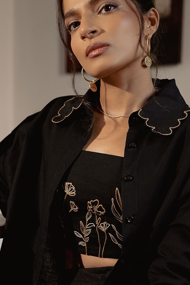 Black Cotton Linen Hand Embroidered Cropped Top by DVAI at Pernia's Pop Up Shop