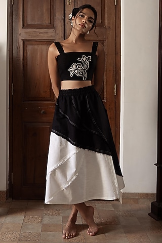 Black Cotton Linen Hand Embroidered Cropped Top by DVAI