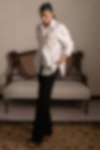 White Cotton Hemp Blend Thread Embroidered Oversized Shirt by DVAI at Pernia's Pop Up Shop