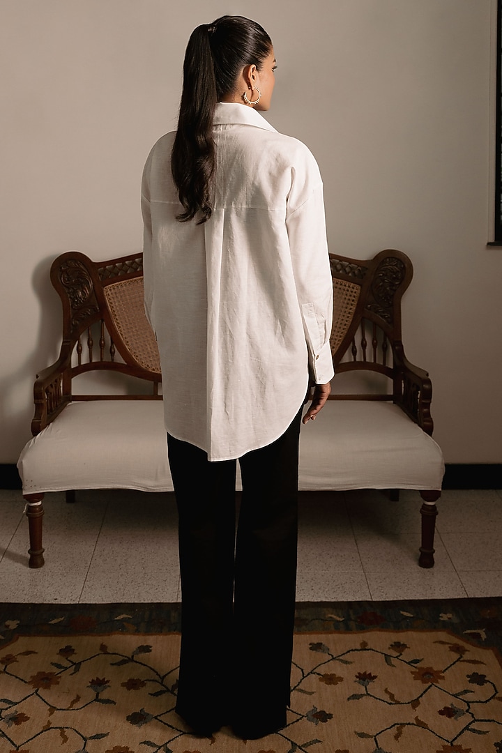 White Cotton Hemp Blend Thread Embroidered Oversized Shirt by DVAI at Pernia's Pop Up Shop