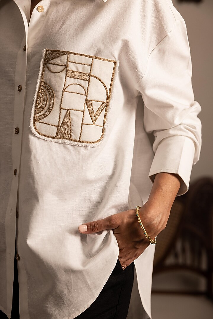 White Cotton Hemp Blend Thread Embroidered Oversized Shirt by DVAI at Pernia's Pop Up Shop