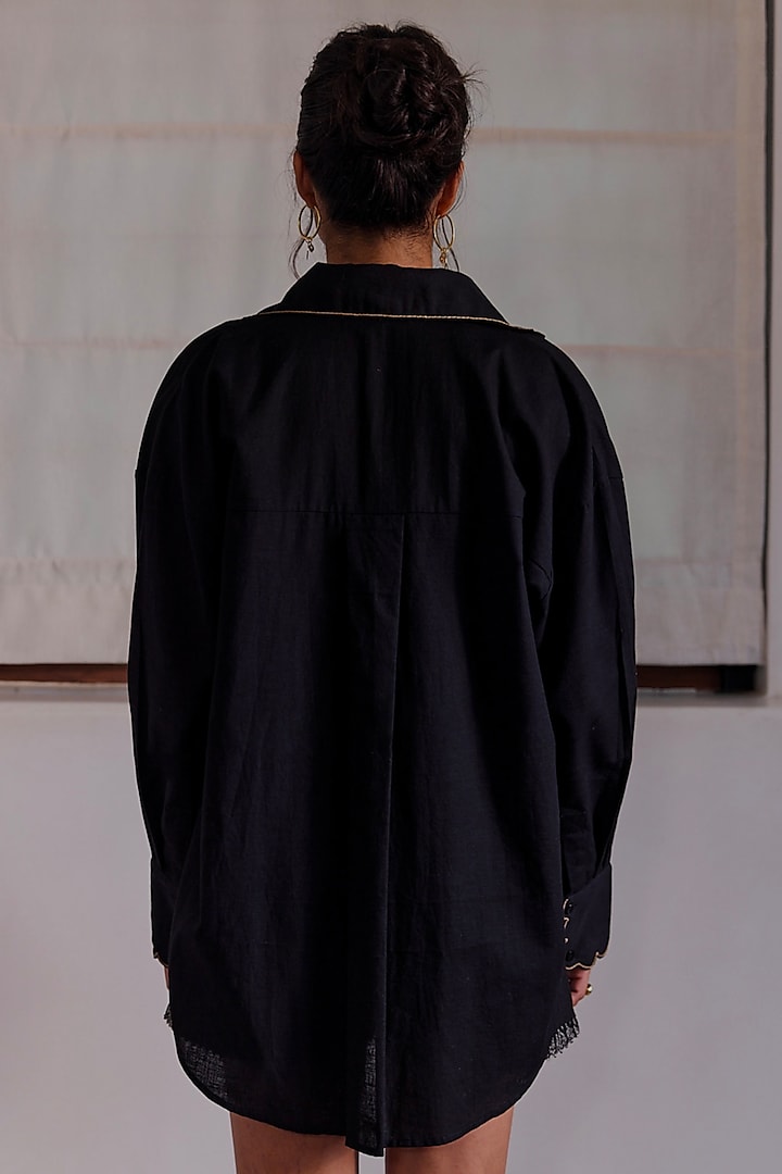 Black Cotton Linen Hand Embroidered Shirt by DVAI at Pernia's Pop Up Shop