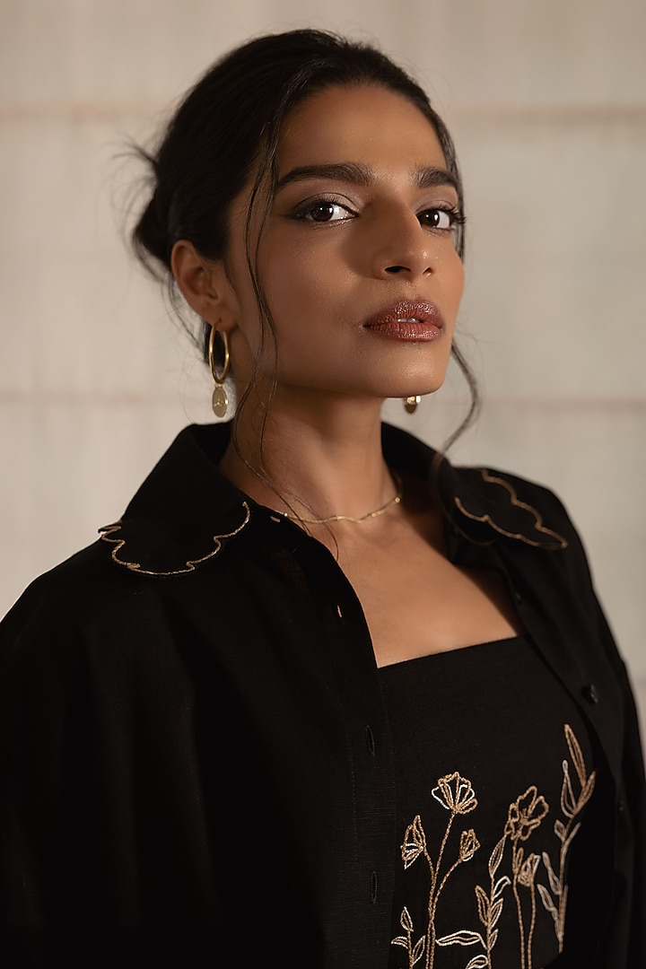 Black Cotton Linen Hand Embroidered Shirt by DVAI at Pernia's Pop Up Shop