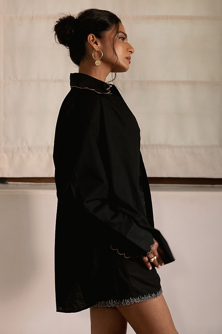Black Cotton Linen Hand Embroidered Shirt by DVAI at Pernia's Pop Up Shop
