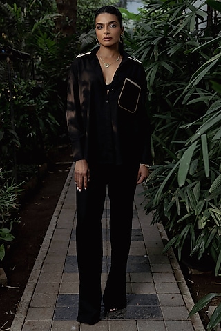 Black Cotton Linen Blend Hand Embroidered Shirt by DVAI