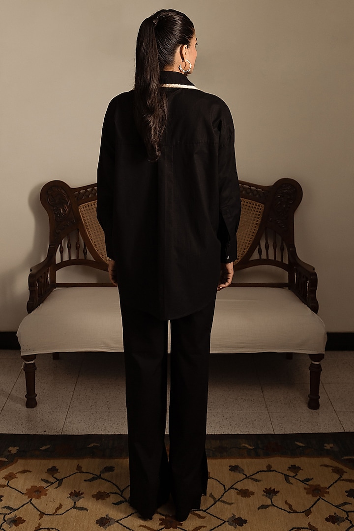 Black Cotton Linen Blend Hand Embroidered Shirt by DVAI at Pernia's Pop Up Shop