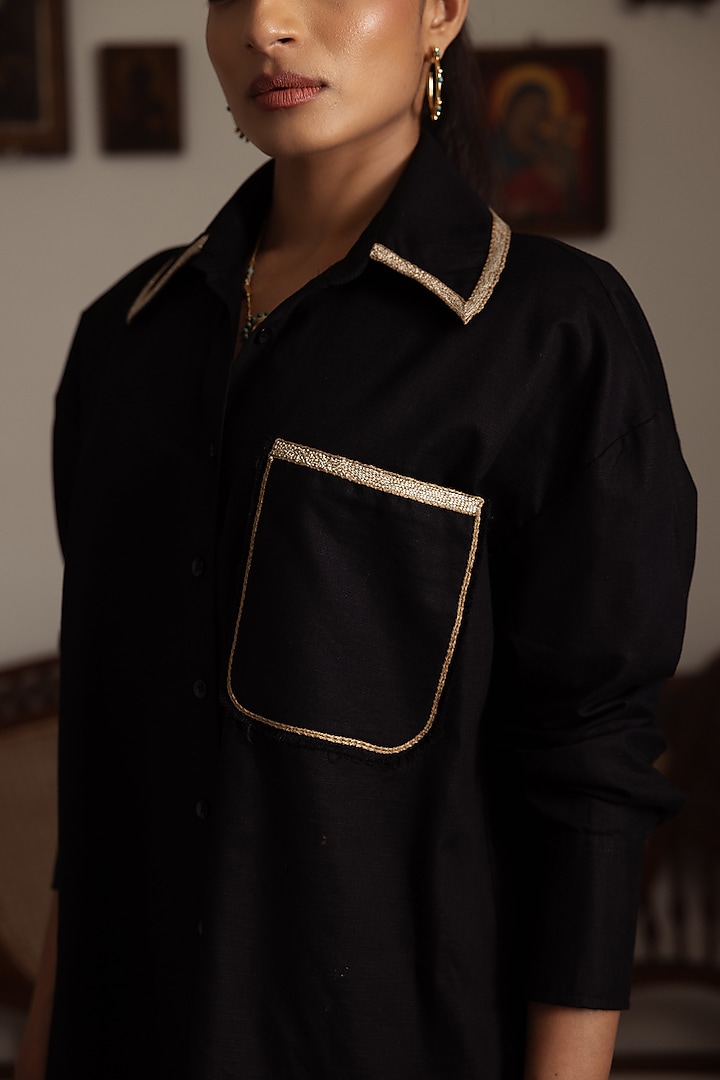 Black Cotton Linen Blend Hand Embroidered Shirt by DVAI at Pernia's Pop Up Shop
