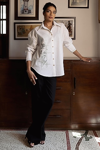 White Cotton Linen Blend Hand Embroidered Shirt by DVAI