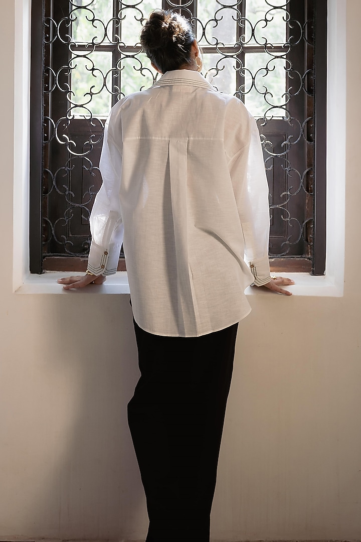 White Cotton Linen Blend Hand Embroidered Shirt by DVAI at Pernia's Pop Up Shop