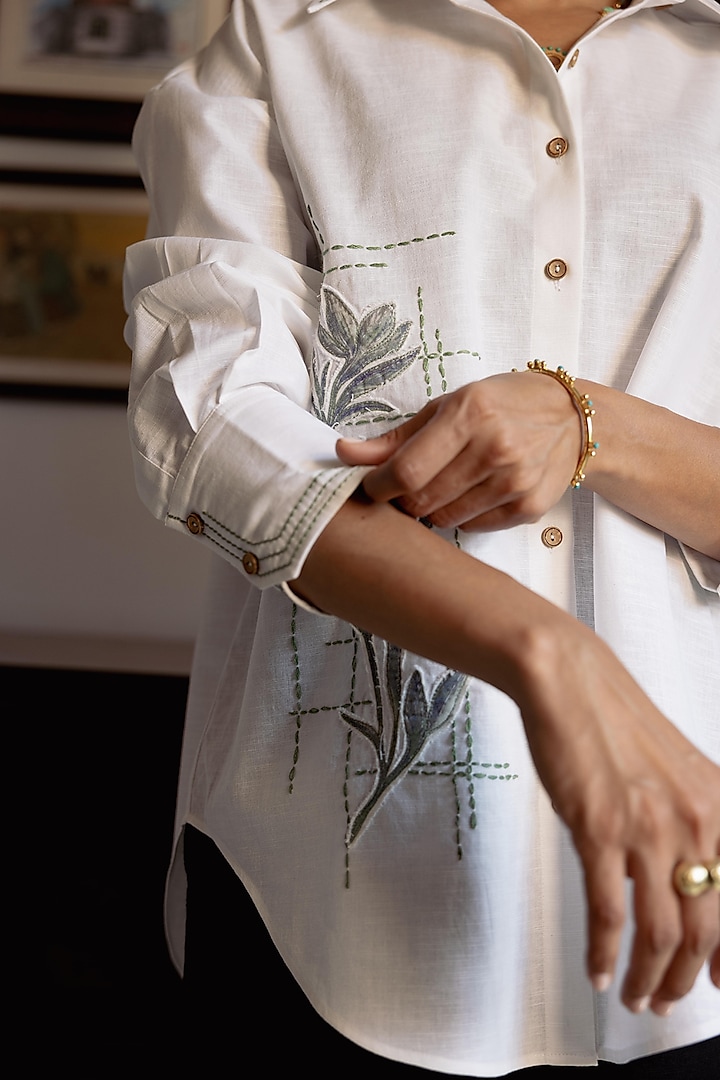 White Cotton Linen Blend Hand Embroidered Shirt by DVAI at Pernia's Pop Up Shop 2026 White Cotton Linen Blend Hand Embroidered Shirt by DVAI at Pernia's Pop Up Shop 2026