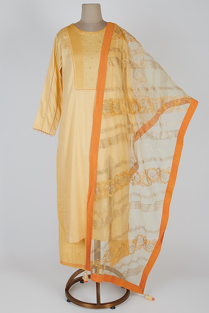 Mango Yellow Embellished & Printed Kurta Set by Devnaagri