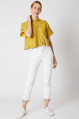 Mustard Jamdani Crop Shirt by DVAA