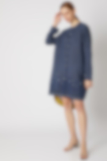 Indigo Blue Shirt Dress With Mandarin Collar by DVAA