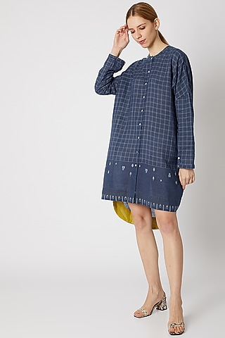 Indigo Blue Shirt Dress With Mandarin Collar by DVAA