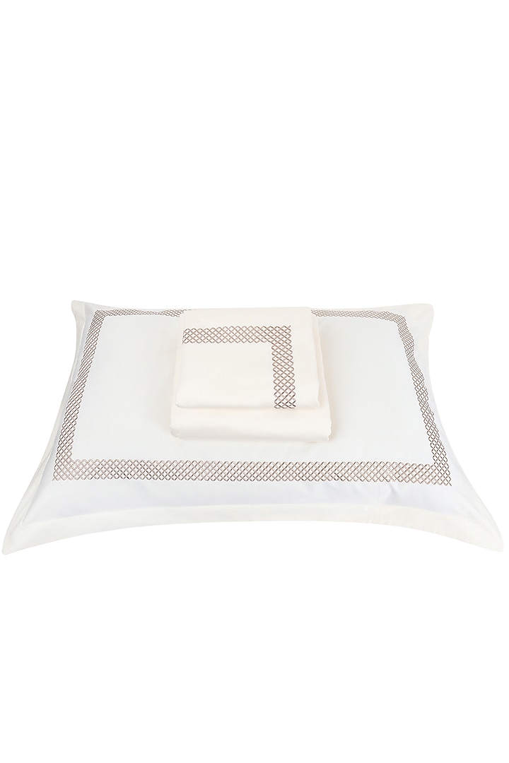 Cream Satin Thread Embroidered Bedsheet Set by Veda Homes