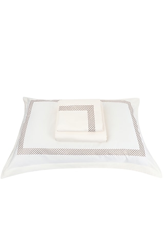 Cream Satin Thread Embroidered Bedsheet Set by Veda Homes