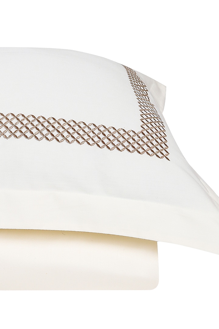 Cream Satin Thread Embroidered Bedsheet Set by Veda Homes at Pernia's Pop Up Shop