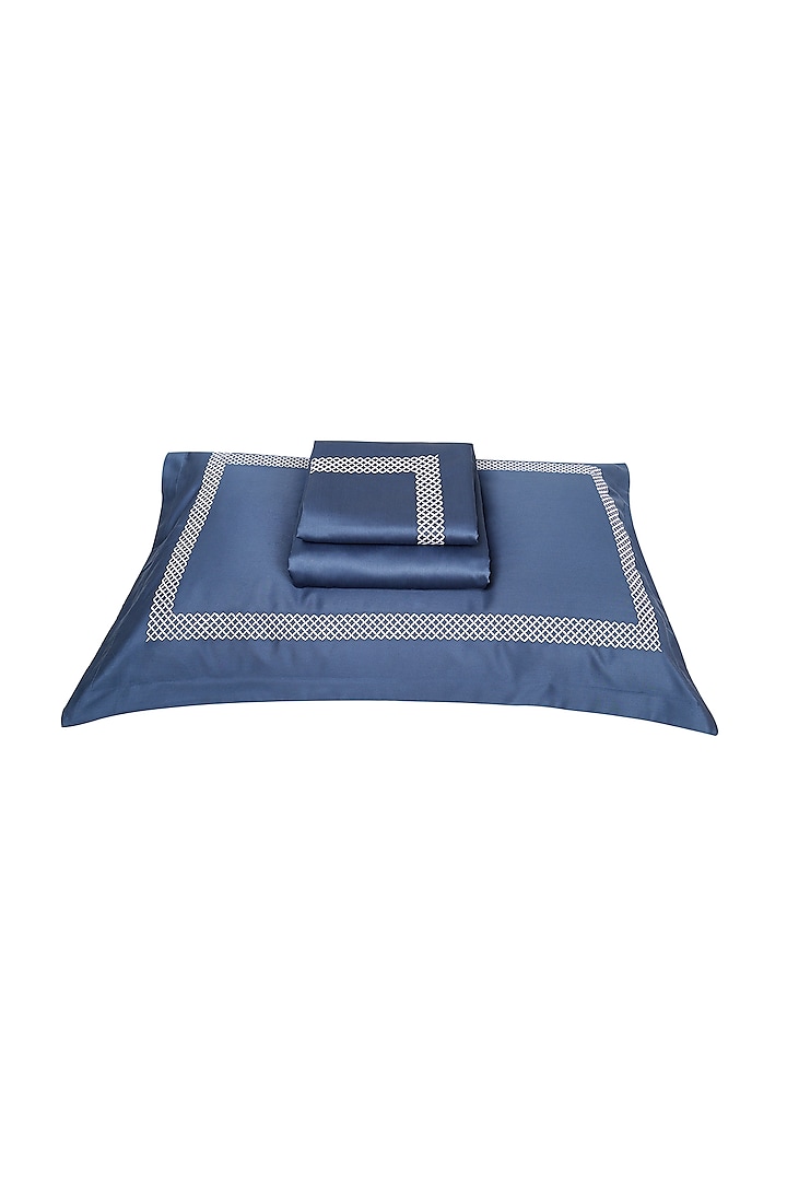 Moonlight Blue Satin Thread Embroidered Bedsheet Set by Veda Homes