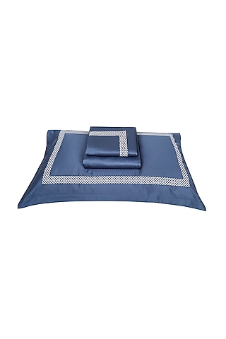 Moonlight Blue Satin Thread Embroidered Bedsheet Set by Veda Homes