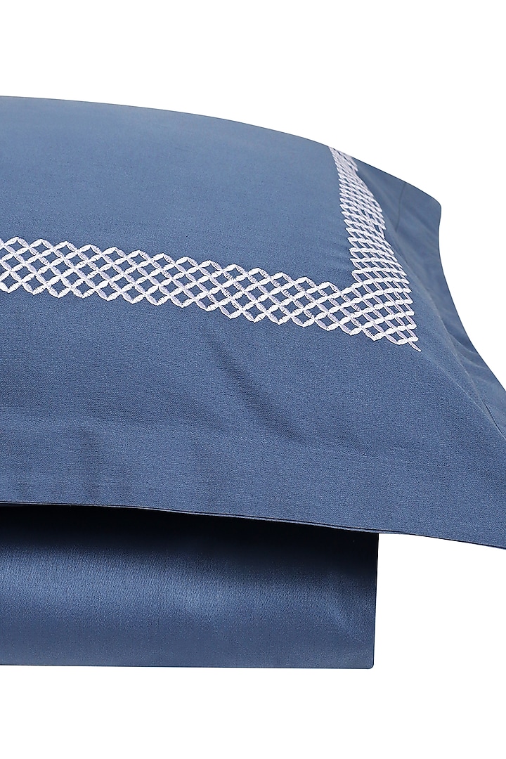 Moonlight Blue Satin Thread Embroidered Bedsheet Set by Veda Homes at Pernia's Pop Up Shop