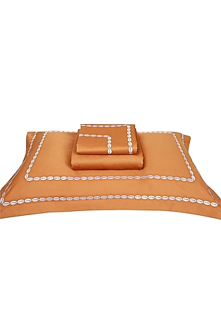 Copper Gold Satin Embroidered Bedsheet Set by Veda Homes