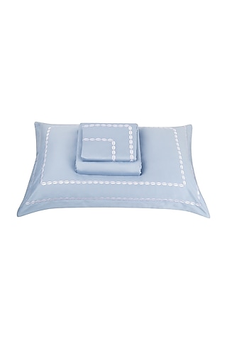 Powder Blue Satin Embroidered Bedsheet Set by Veda Homes